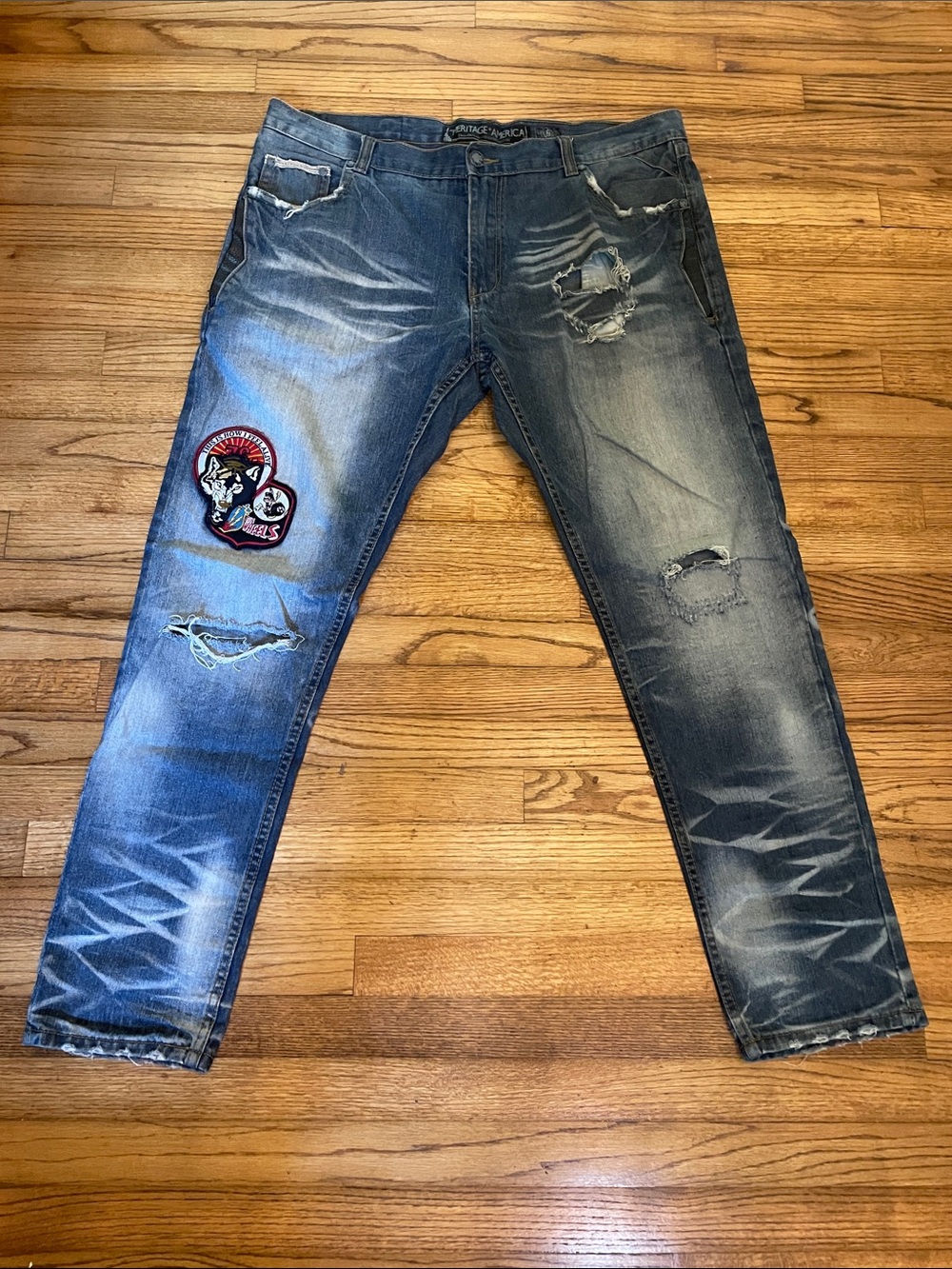 Men's Distressed Bikercore Jeans with Embroidered Patches Sz 42x34